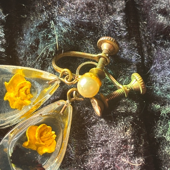 Handmade Yellow Flower Teardrop Clip On Earrings - Resin Drop Earrings - Picture 2 of 2